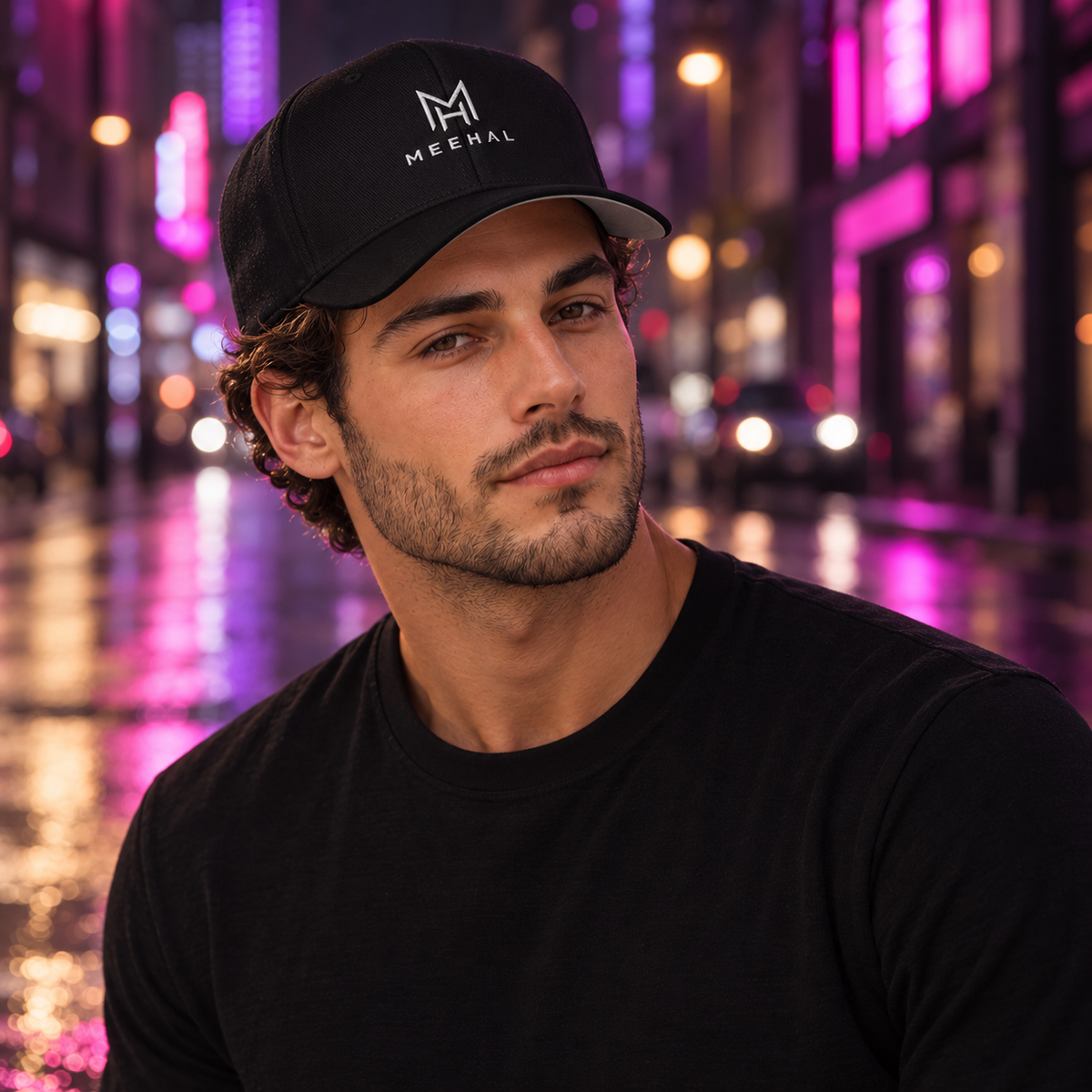 Tomer wearing the black MEEHAL Signature Hat on a neon-lit street at night