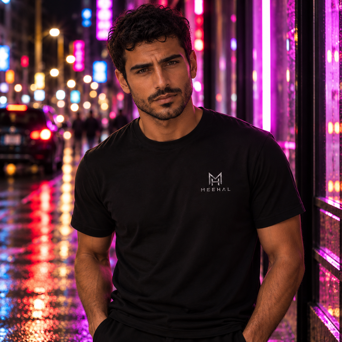 Lior wearing the black MEEHAL Signature Tee on a neon-lit street at night
