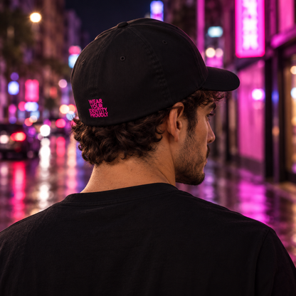 Back of the MEEHAL Signature Hat with pink embroidered WEAR YOUR IDENTITY PROUDLY